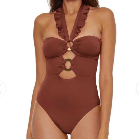 Soluna Women's Standard Buckle Up One Piece Bandeau Swimsuit with Cut Out Neck - Picture 1 of 9